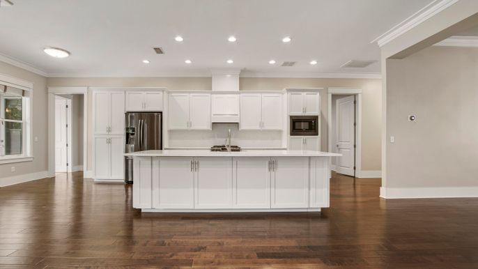 Interior, Kitchen, Recessed Lighting, Stainless Steel Appliances, Wood Texture Flooring
