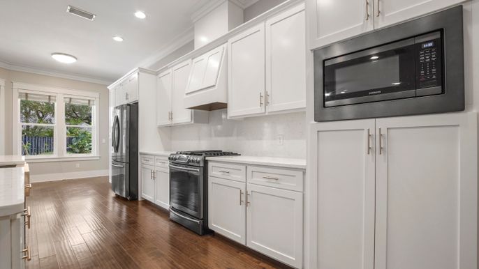 Interior, Kitchen, Recessed Lighting, Stainless Steel Appliances, Wood Texture Flooring