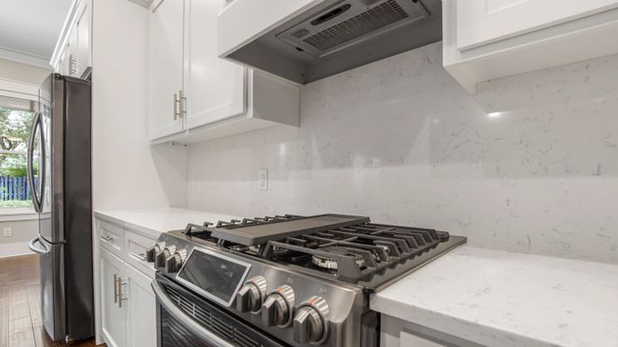 Interior, Kitchen, Marble Walls, Stainless Steel Appliances, Wood Texture Flooring
