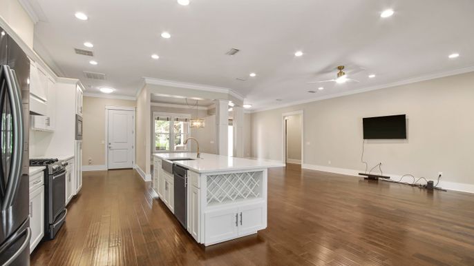 Interior, Kitchen, Recessed Lighting, Wood Texture Flooring