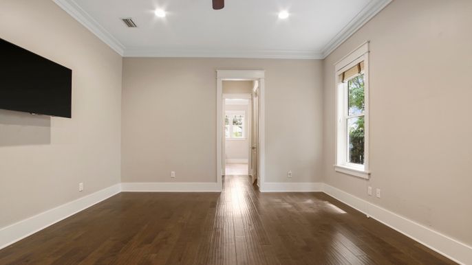 Empty room, Interior, Recessed Lighting, Wood Texture Flooring