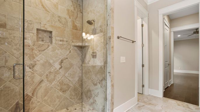 Bathroom, Glass Shower, Interior, Stone Walls, Wood Texture Flooring