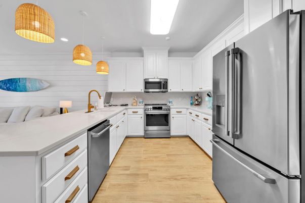 Interior, Kitchen, Pendant Lights, Recessed Lighting, Stainless Steel Appliances, Wood Texture Flooring