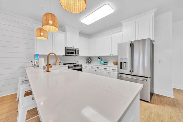 Interior, Kitchen, Pendant Lights, Stainless Steel Appliances, Wood Texture Flooring