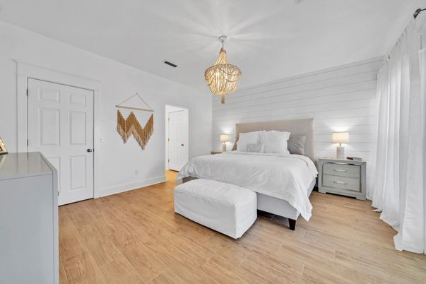 Bedroom, Chandelier, Interior, Wood Texture Flooring