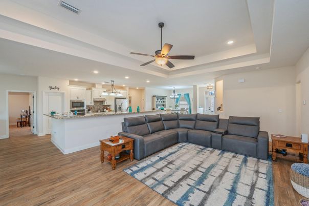 Interior, Kitchen, Living room, Recessed Lighting, Stainless Steel Appliances, Wood Texture Flooring