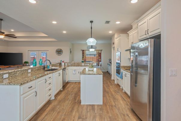 Interior, Kitchen, Pendant Lights, Recessed Lighting, Stainless Steel Appliances, Wood Texture Flooring