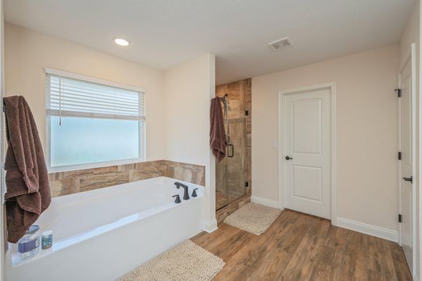Bathroom, Glass Shower, Interior, Recessed Lighting, Wood Texture Flooring