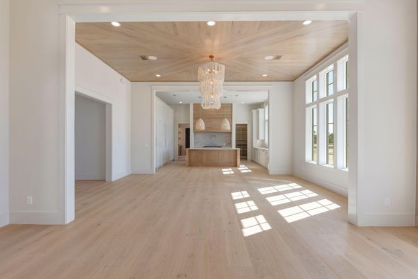 Chandelier, Interior, Kitchen, Recessed Lighting, Wooden Ceilings, Wood Texture Flooring