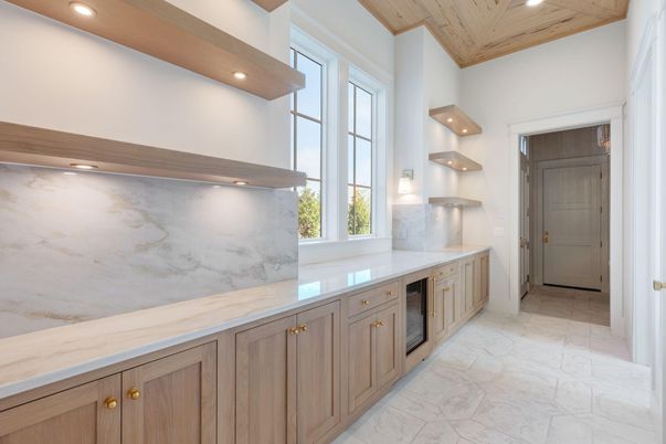 Interior, Kitchen, Marble, Marble Walls, Recessed Lighting, Wooden Ceilings