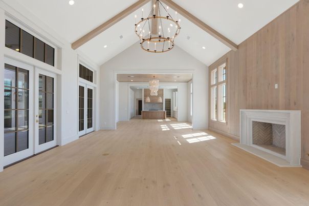 Chandelier, Empty room, Fireplace, Interior, Recessed Lighting, Wooden Beams, Wood Texture Flooring, Wooden Walls