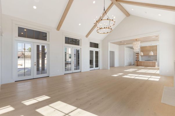 Chandelier, Empty room, Interior, Pendant Lights, Recessed Lighting, Wooden Beams, Wood Texture Flooring