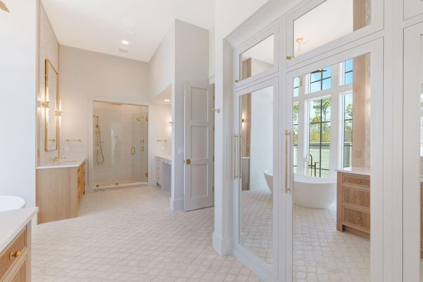 Bathroom, Free Standing Baths, Glass Shower, Interior, Recessed Lighting