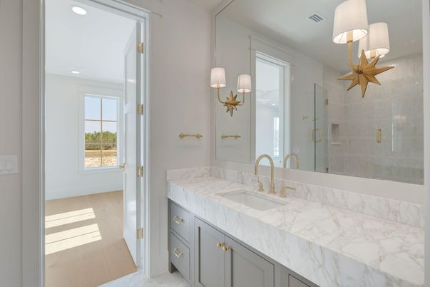 Bathroom, Glass Shower, Interior, Recessed Lighting, Wood Texture Flooring