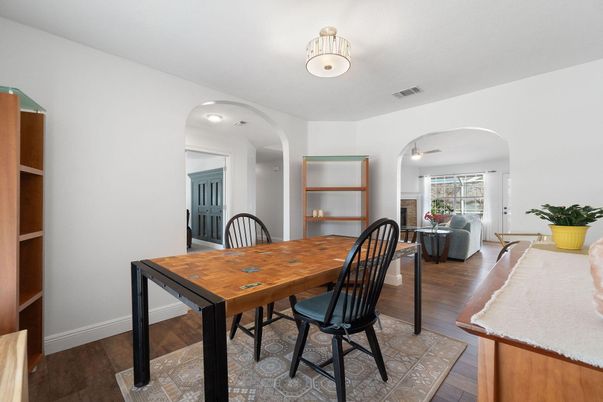 Dining room, Interior, Living room, Recessed Lighting, Wood Texture Flooring