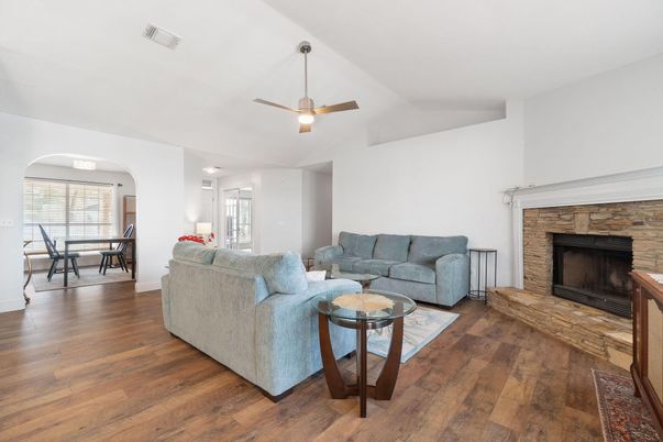 Dining room, Fireplace, Interior, Living room, Wood Texture Flooring