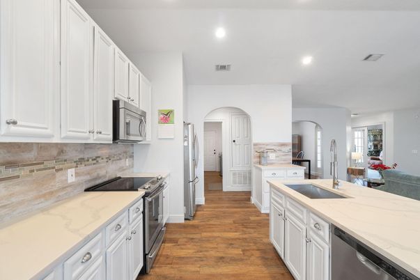 Interior, Kitchen, Recessed Lighting, Stainless Steel Appliances, Wood Texture Flooring