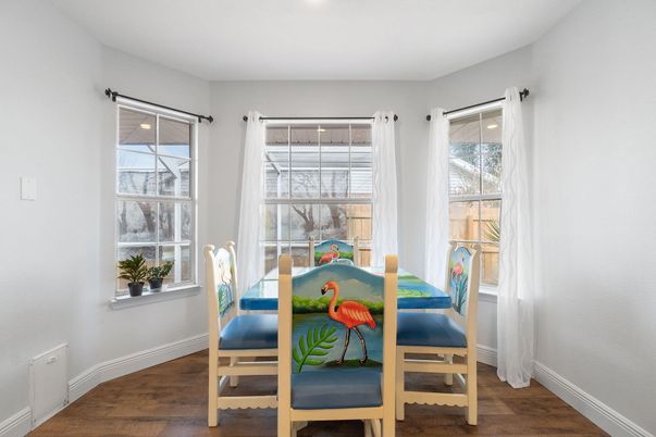 Dining room, Interior, Recessed Lighting, Wood Texture Flooring