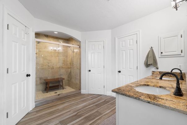 Bathroom, Glass Shower, Interior, Recessed Lighting, Wood Texture Flooring
