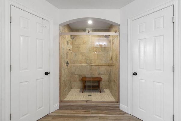 Bathroom, Glass Shower, Interior, Recessed Lighting, Wood Texture Flooring