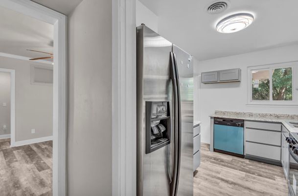 Interior, Kitchen, Stainless Steel Appliances, Wood Texture Flooring
