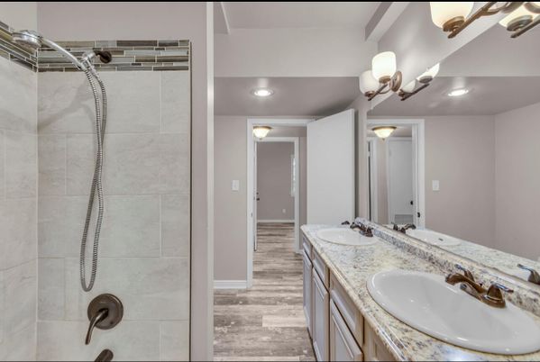Bathroom, Dual Sink Vanities, Interior, Recessed Lighting, Wood Texture Flooring
