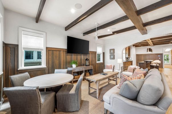 Dining room, Interior, Kitchen, Living room, Recessed Lighting, Wooden Beams