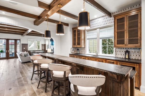 Interior, Living room, Pendant Lights, Recessed Lighting, Wooden Beams, Wood Texture Flooring