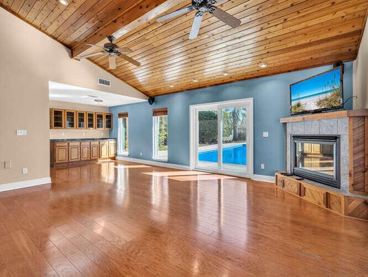 Empty room, Fireplace, Interior, Recessed Lighting, Wooden Ceilings, Wood Texture Flooring