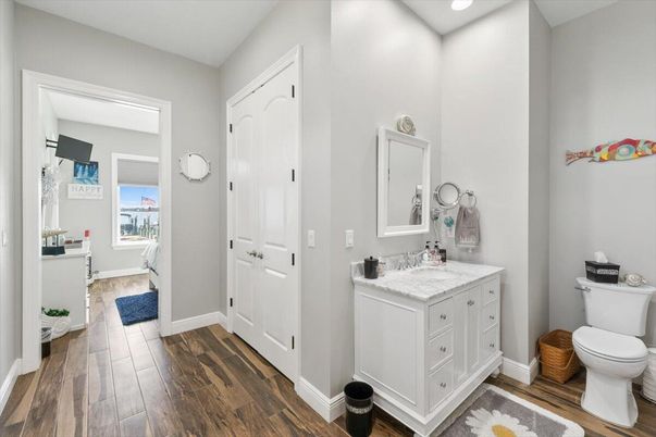 Bathroom, Interior, Recessed Lighting, Wood Texture Flooring