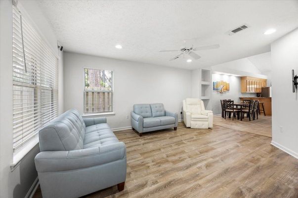 Dining room, Interior, Recessed Lighting, Wood Texture Flooring