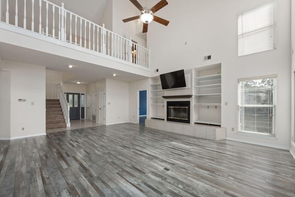 Fireplace, Interior, Recessed Lighting, Wood Texture Flooring