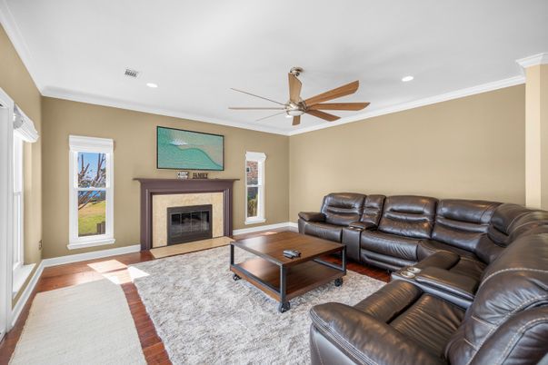 Fireplace, Interior, Living room, Recessed Lighting, Wood Texture Flooring