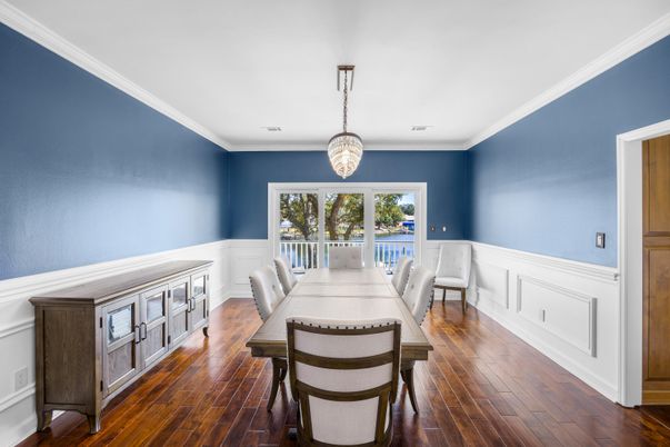 Dining room, Interior, Pendant Lights, Wood Texture Flooring