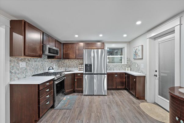 Interior, Kitchen, Recessed Lighting, Stainless Steel Appliances, Wood Texture Flooring