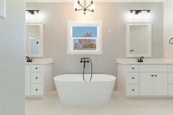 Bathroom, Dual Sink Vanities, Free Standing Baths, Interior, Pendant Lights