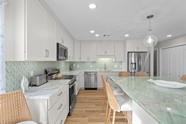 Interior, Kitchen, Pendant Lights, Recessed Lighting, Stainless Steel Appliances, Wood Texture Flooring