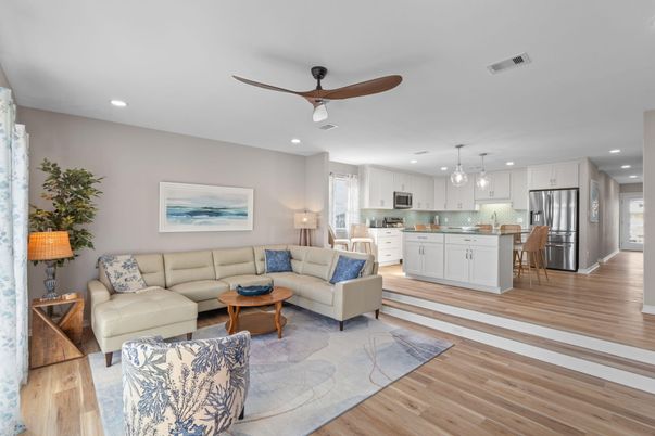 Interior, Kitchen, Living room, Pendant Lights, Recessed Lighting, Stainless Steel Appliances, Wood Texture Flooring