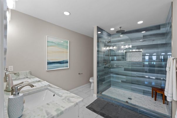 Bathroom, Dual Sink Vanities, Glass Shower, Interior, Marble, Recessed Lighting