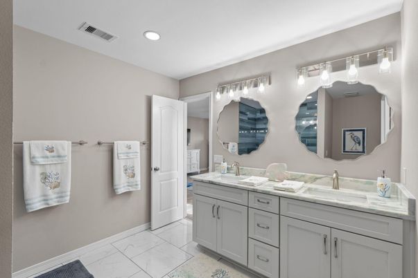 Bathroom, Dual Sink Vanities, Interior, Marble, Recessed Lighting