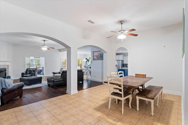 Dining room, Fireplace, Interior, Living room, Wood Texture Flooring