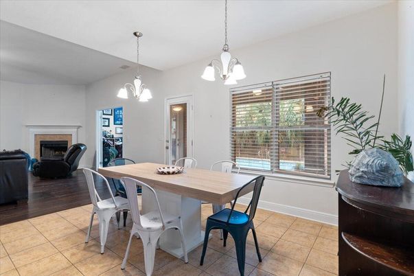 Dining room, Fireplace, Interior, Living room, Pendant Lights, Wood Texture Flooring