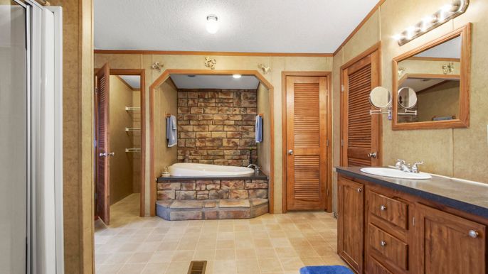 Bathroom, Dual Sink Vanities, Interior, Stone Walls