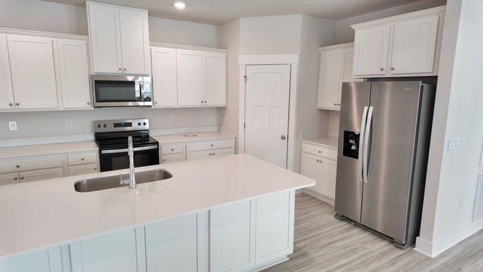 Interior, Kitchen, Recessed Lighting, Stainless Steel Appliances, Wood Texture Flooring
