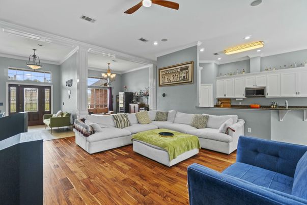 Chandelier, Dining room, Interior, Kitchen, Living room, Pendant Lights, Recessed Lighting, Wood Texture Flooring