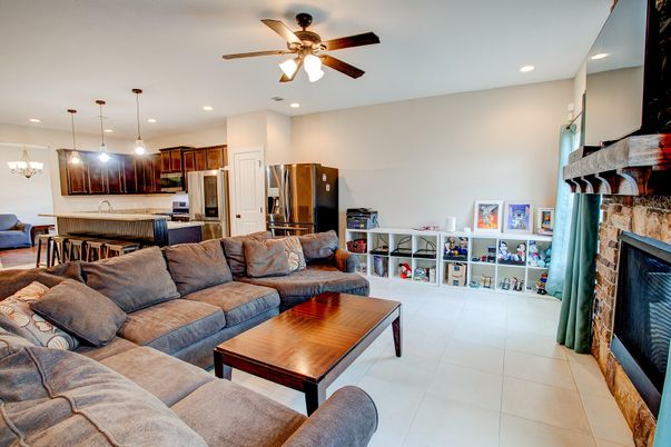 Fireplace, Interior, Kitchen, Living room, Pendant Lights, Recessed Lighting, Stainless Steel Appliances