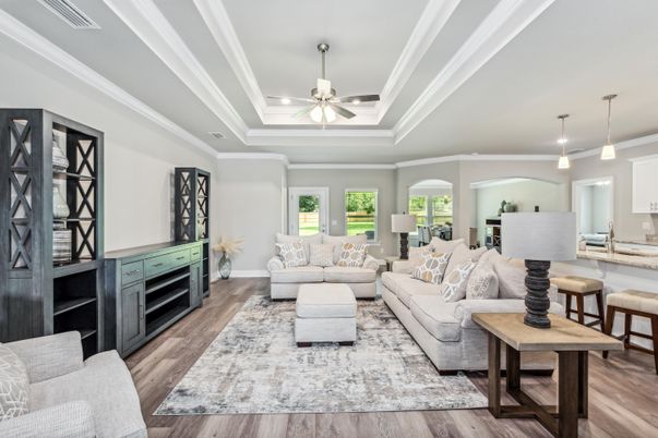 Interior, Living room, Pendant Lights, Recessed Lighting, Wood Texture Flooring