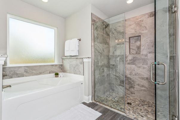 Bathroom, Glass Shower, Interior, Marble Walls, Recessed Lighting, Wood Texture Flooring