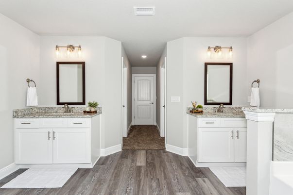 Bathroom, Dual Sink Vanities, Interior, Recessed Lighting, Wood Texture Flooring