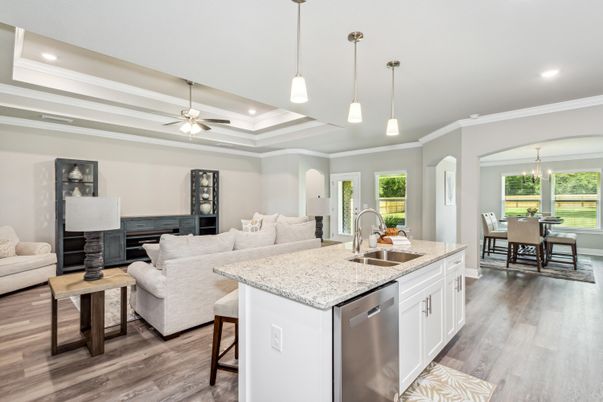 Dining room, Fireplace, Interior, Kitchen, Living room, Pendant Lights, Recessed Lighting, Wood Texture Flooring